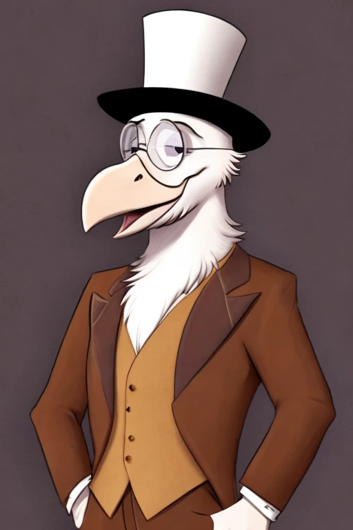 Anthropomorphic albino crow, big white beak, hairy neck, wearing a light brown suit, wearing a light brown top hat, wearing a round glasses, animation