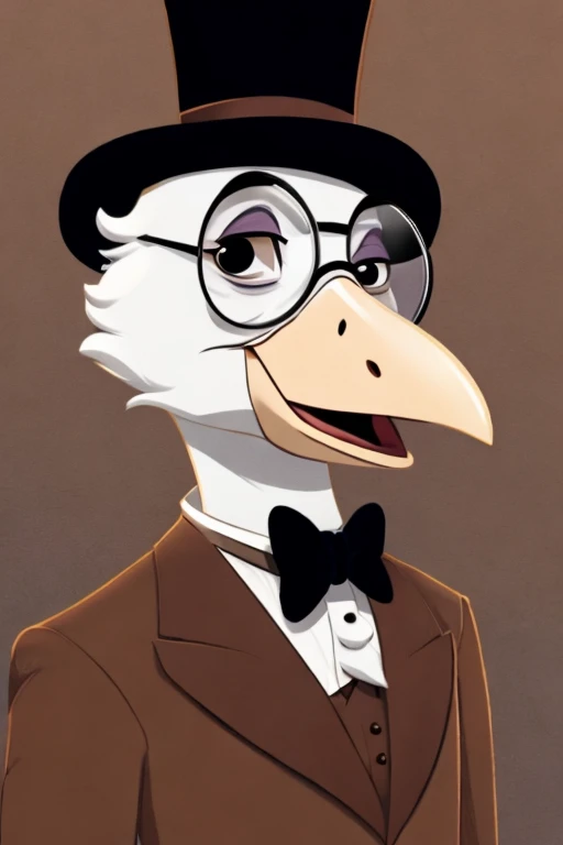 Anthropomorphic albino crow, big white beak, hairy neck, wearing a light brown suit, wearing a light brown top hat, wearing a round glasses, animation