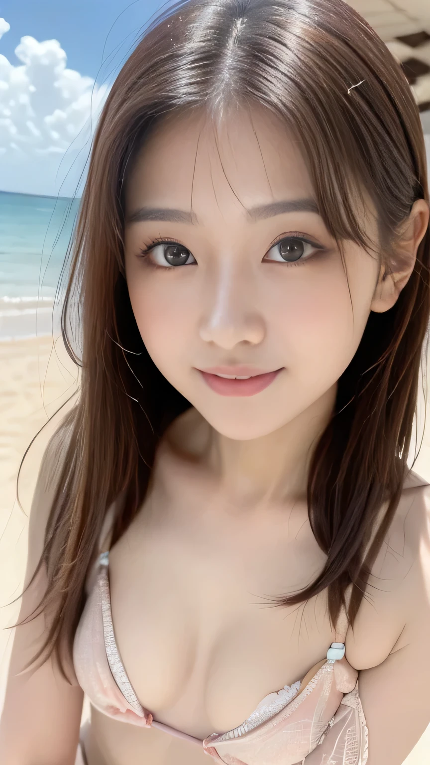 masterpiece、1. Beautiful Japan、so beautiful、Beautiful Skin、((Depiction from the waist up:1.3))、(Surreal)、(High resolution)、(8k)、(Very detailed)、(Beautiful and beautiful eyes)、(Very detailed)、smile、Big eyes、Brown eyes、Long eyelashes、Bright lighting、Professional Lighting、Looking into the camera、Look straight ahead、Long Hair、Brown Hair、Ocean、Sandy Beach、Nogizaka Idol、actress、20-year-old、((Cleavage:0.1))、Bikini Swimwear、Wet Skin、Baby Face、Moist and realistic skin texture、Moisturized lips、Natural Shadows、