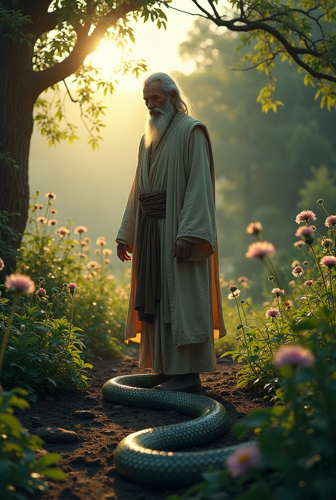The wise man stands silently in the garden at dusk, his eyes wide with realization as he spots the snake biting the roots of his plants. The scene is bathed in the soft, fading light of the evening.