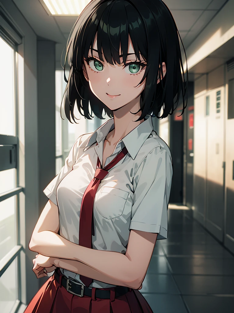 (high res, 8K, masterpiece, looking at viewer, best quality, very aesthetic, ultra detailed, ultra background, ultra Eyes) intricate details, 1girl, Fubuki, Chibi, small breast, short sleeved white shirt, Red short skirt, Pockets on the left chest, Red tie, Wearing a belt, dark green short hair, light green eyes, Smile Face, Background School Hallway, Cinematic Angle