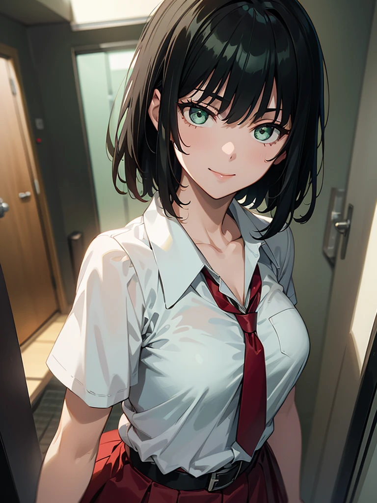(high res, 8K, masterpiece, looking at viewer, best quality, very aesthetic, ultra detailed, ultra background, ultra Eyes) intricate details, 1girl, Fubuki, Chibi, small breast, short sleeved white shirt, Red short skirt, Pockets on the left chest, Red tie, Wearing a belt, dark green short hair, light green eyes, Smile Face, Background School Hallway, Cinematic Angle
