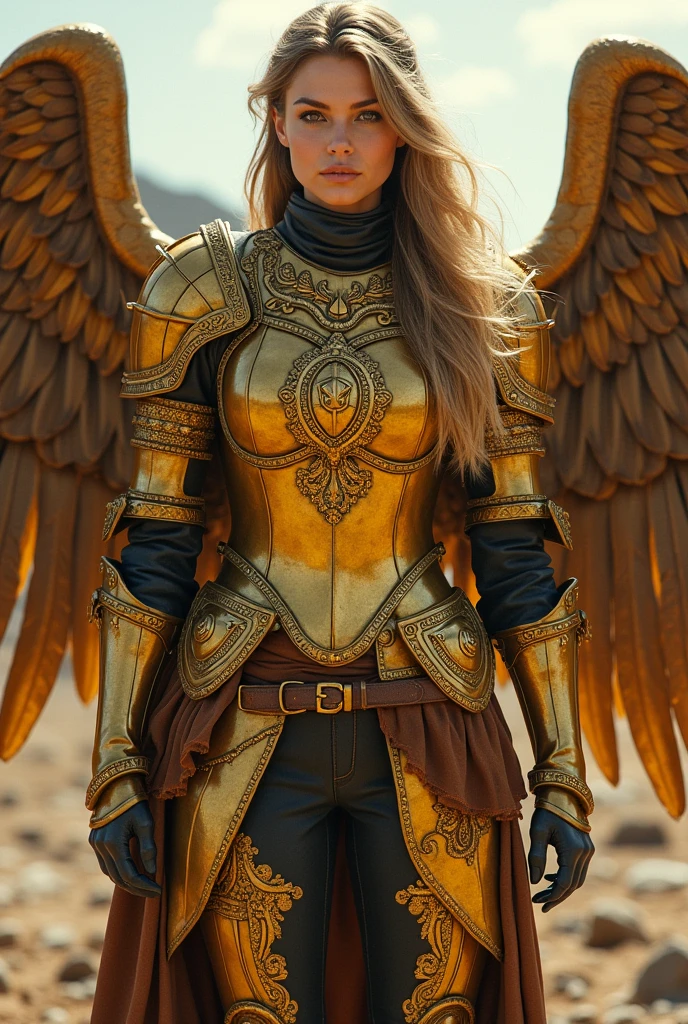What Indiana Jones would look like as a woman dressed in the armor of the Polish Winged Hussars (golden in color) in the middle Ages