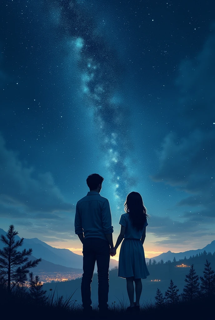 A book cover of night sky full of stars and a glimpse of lights on the town and a man and woman looking at it.