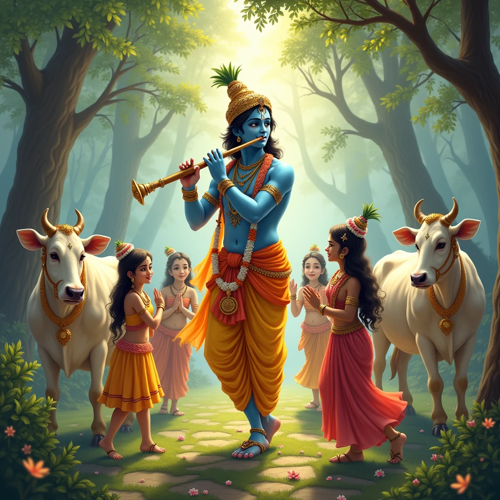 Lord Krishna playing with the flute and with some friends girls background in forest area cows and some peacock dancing with Lord Krishna with Radha beautiful girl in the world playing with Krishna inspire by Bhagwat Geeta