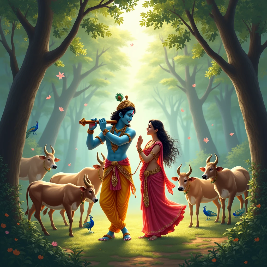 Lord Krishna playing with the flute and with some friends girls background in forest area cows and some peacock dancing with Lord Krishna with Radha beautiful girl in the world playing with Krishna inspire by Bhagwat Geeta