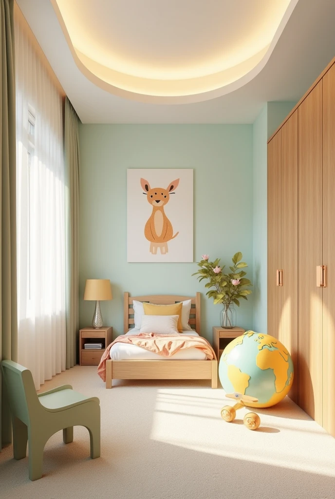 Professional 3d architecture rendering design of modern and   light moss and  so light Thunder and light cream and light orange  wooden   Modern and minimal  design for chid  bedroom  and light  cream   carpet  with animals painting and white painting wall and light wooden closet with animals painting and modern ceiling lighting and modern curtains for chid room and the child bed similar globe and safety chair for chid and many toys 