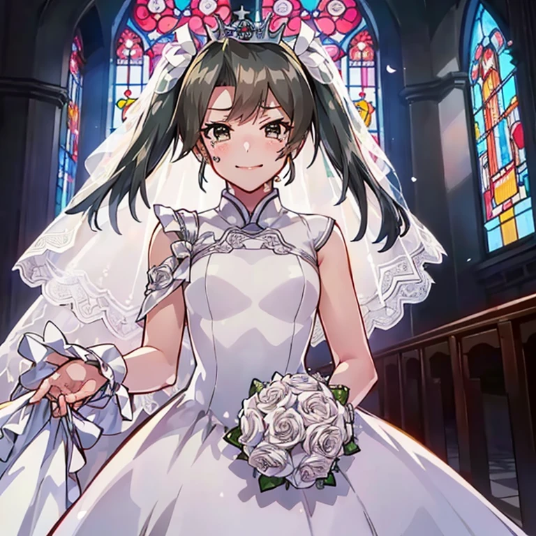 ZuikakuKC,twintails,
(masterpiece:1.4),(best quality:1.4), (premium:1.4), (great illustration:1.4), (ultra-detailed:1.4),(art CG, 8K), KonishiCSA,1girl,solo,
(princess line wedding dress:1.4),(Happy Smile:1.4),(cry:1.2),KonishiCSA,church,Stained glass,holylight,