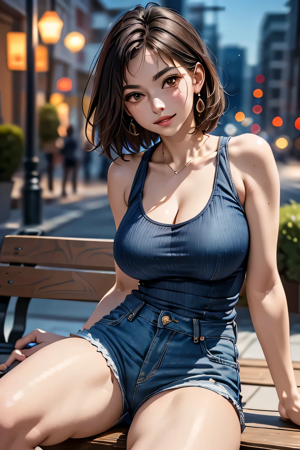 (1 Ultimate Beauty), Very detailedな顔, Beautiful brown eyes, double eyelid, Slightly thick detailed lip, Short black hair, Attractive and sexy, 48 years old, (Tank top, Tight jeans shorts:1.2), Big Breasts, Earrings, (night、Sitting on a bench on a public road), (From head to the hem of the skirt) ,8k, RAW Photos, Highest quality, masterpiece,Highest quality, Perfect lighting, (Realistic:1.4), (Very detailed), (Highest quality), (Best Shadow), (masterpiece), Ultra-high resolution