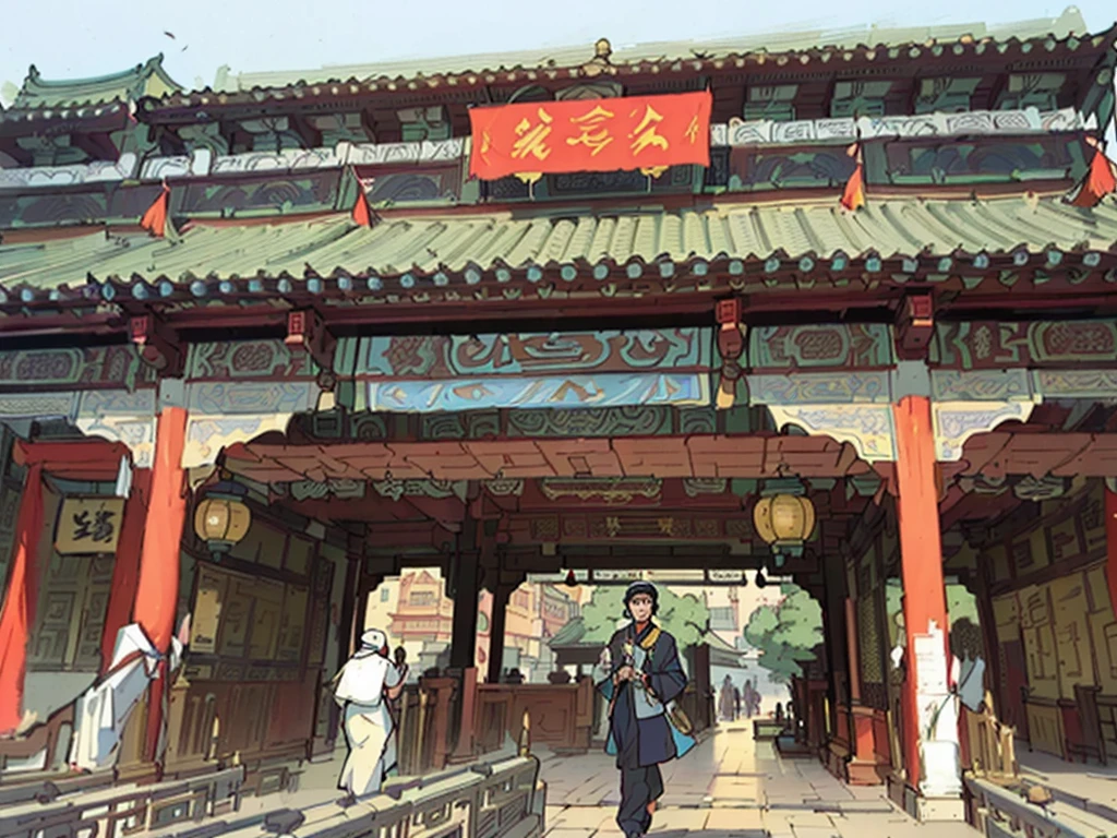An Arabic-style building,A man walks on the walkway in front of it, Tang Dynasty Palace, Taoist temples and monks, Beijing, with a Chinese Temple, Chinese Architecture, Chinese Architecture, Chinese Temple, Chinese, ancient Chinese Architecture, baotou china, Chinese Palace, changquan, nanquan, Chinatown, Chinatown, Huge door, Temple of Heaven