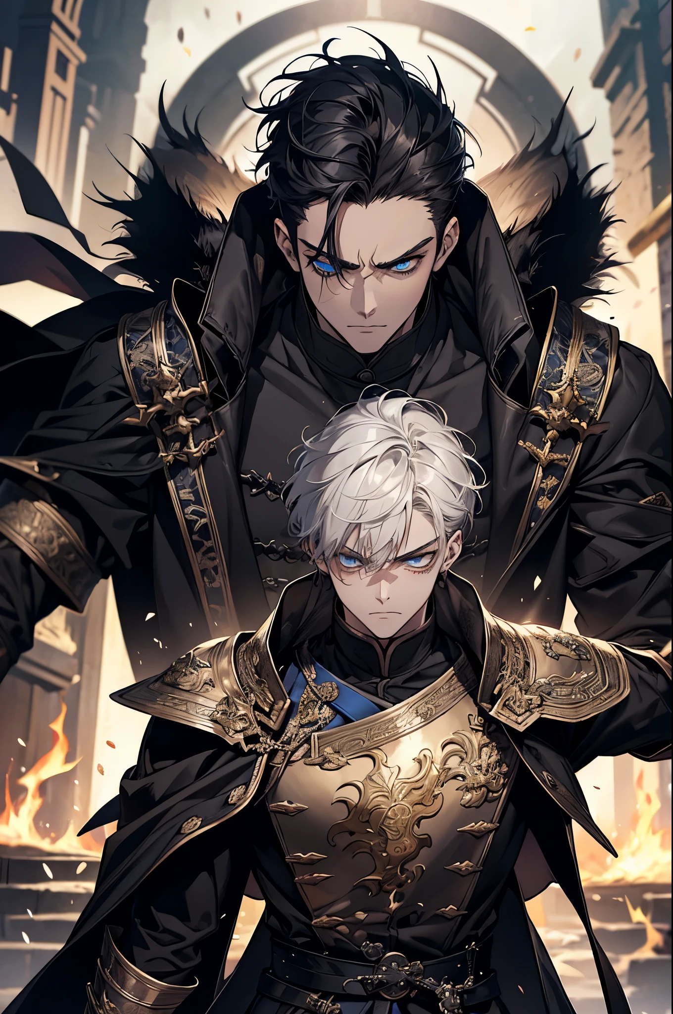 Masterpiece, High quality, Portrait, anime style, man,17 year old boy, angry face, Severe attack, อ้าปากจากAnger, Anger, glowing eyes, ผู้manอนิเมะตัวสูงที่มีตาสีฟ้า, black short hair, ((blue eyes)),Quiff Hairstyles, ((short black hair)), [Thick eyebrows], Palm Power,Chinese martial arts , ((black long coat)), ((all black)),Silver veil edge, (blue eyes) , handsome , Facial expressions, black knight armor , black fur shawl(Masterpiece,best quality,special, (Broad shoulders)) (muscle), Set up an attack, attack, There is an injury. , The background is a battlefield. , black light, Yellow flame,The giant golden Buddha statue is behind.((backdrop)), Eighteen Conquering Dragon Palms, Palm attack