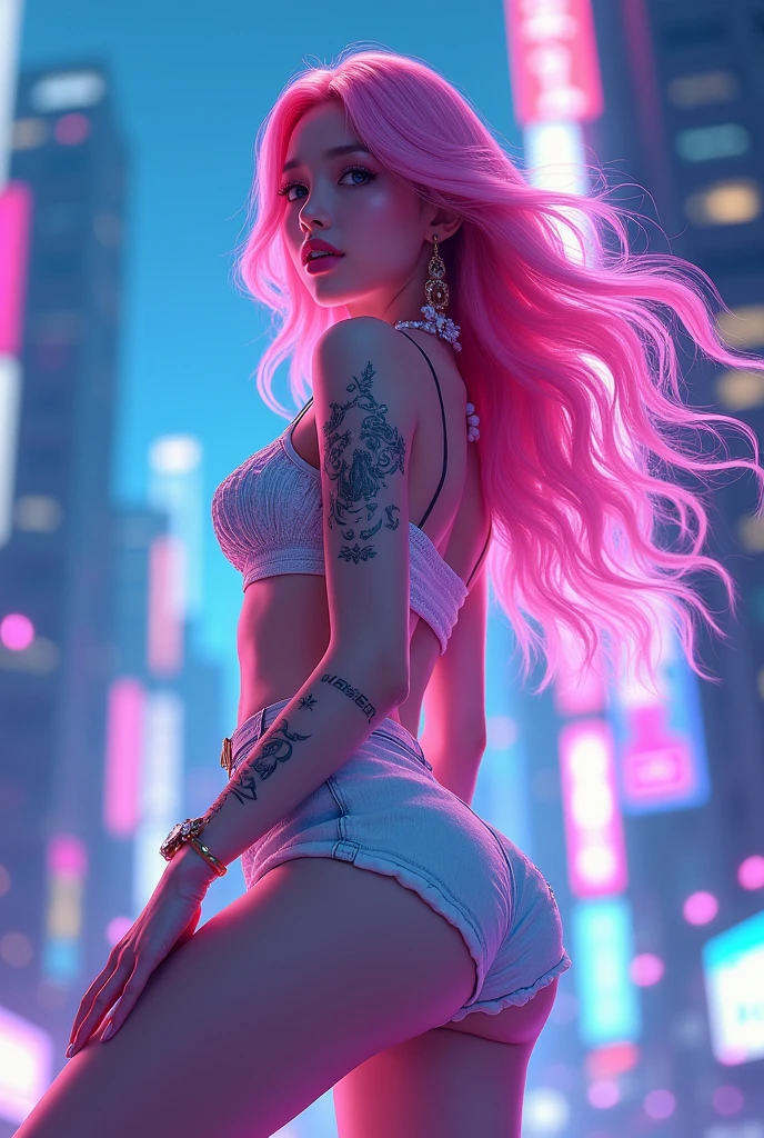 ((Best Quality, best resolution)), ((perfect Masterpiece)), ((Realistic)) and ultra-detailed photography of a 1 nude cyberpunk girl with goth and neon colors. She has ((long rainbow colored hair)), no cloth, ((the most beautiful and sexy aesthetic)), sexy,  hot