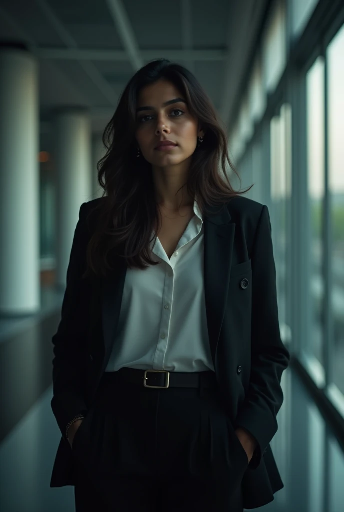 a young south asian woman in her early 20s, calm thoughtful expression, professional attire, standing in modern office setting with tech background, detailed face and eyes, high quality, 8k, photorealistic, dramatic lighting, cinematic composition, muted color palette