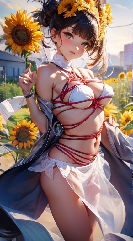 ,((blush)),((((Backwards_return)))),(((bondage))), (((shibari))),(((gag))),She is wearing a sheer white dress，(Bikini Panties)，Skirt Lift，Sunflower field，Nipples are erect