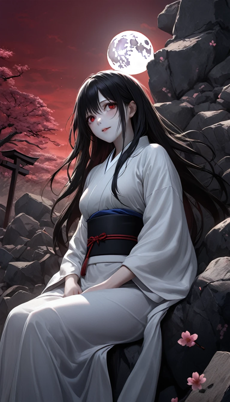 High resolution, Ultra-detailed, Highly detailed CG Unity 8k wallpaper, Realistic, Photorealistic, RAW Photos, Beautifully detailed face, Pale skin, Realistic glowing skin, Detailed cloth texture, Detailed hair texture, Perfect body, Beautiful Face。High resolution。Accurate depiction。White silk kimono。A beautiful woman in the mist,sitting on rubble。Black belt。laugh at。Droopy eyes。Very long black hair,Red eyes,Red tears, Dead skin。alone。darkness。fear。Spooky atmosphere。Japan。night。cherry blossoms。full moon。Red Sky。cherry blossomsの花。Horror,Chiaroscuro,look up。