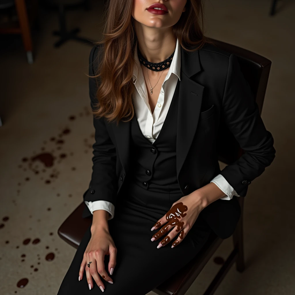 A super realistic photo of one slender business lady, model-like appearance with long hair. She is dressed in a long and black business pencil skirt made from cotton fabric, black  business jacket made from cotton and wool fabric. black business vest, white muddy shirt, stockings, black choker on the neck. She located in very muddy office. She sitting in flirtatious and modest pose and smears few very small drops of the  ice cream that she spilled on herself onto her clothes. The studio light brilliantly illuminates all her clothes in details, casting small shadows and emphasizing the texture of the chocolate on her clothes. Please focus on stains of liquid ice cream on her clothes. View angle of the camera from top and left from the business lady.