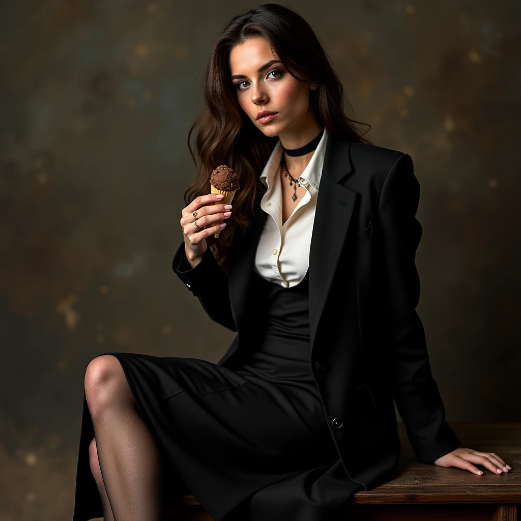 A super realistic photo of one slender business lady, model-like appearance with long hair. She is dressed in a long and black business pencil skirt made from cotton fabric, black business jacket made from cotton and wool fabric. black business vest, white muddy shirt, stockings, black choker on the neck. She located in very muddy office. She sitting in flirtatious and modest pose and smears few very small drops of the ice cream that she spilled on herself onto her clothes. The studio light brilliantly illuminates all her clothes in details, casting small shadows and emphasizing the texture of the chocolate on her clothes. Please focus on stains of liquid ice cream on her clothes. View angle of the camera from top and left from the business lady.