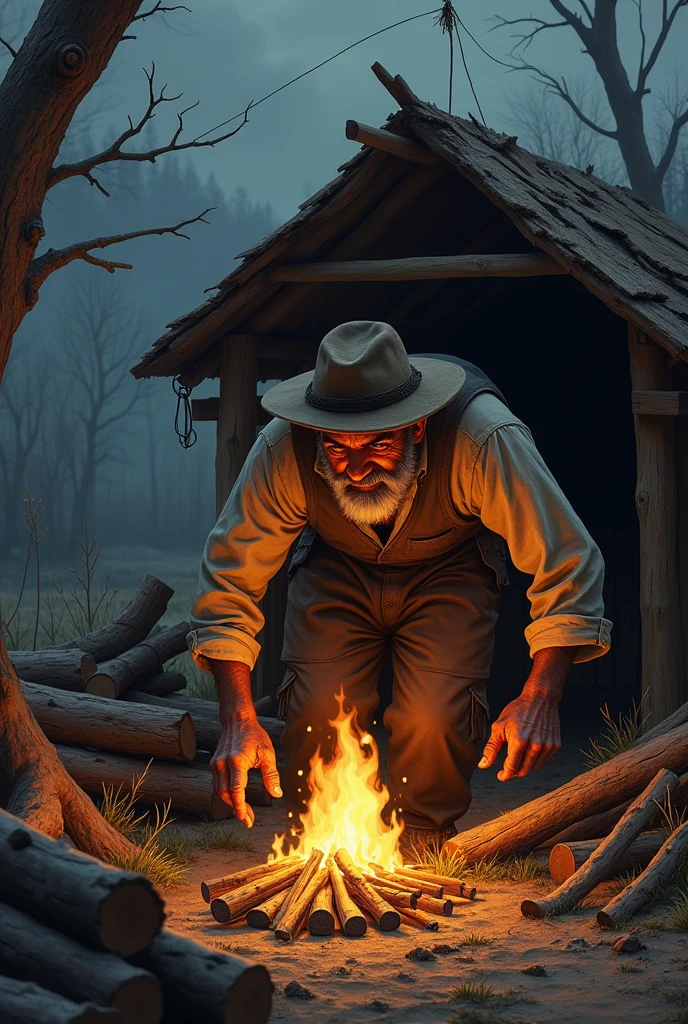 Like a muleteer (farmer)  He is going to stock up on wood that is around the shelter to start a campfire before night falls..