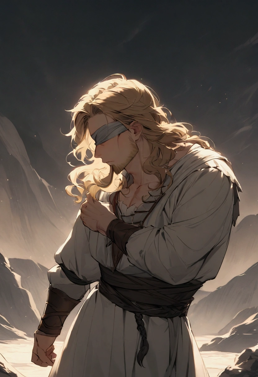 There is a man standing in a mountainous area. He is quite masculine, and has medium shoulder length hair. His hair is thick and dark blonde, having a waviness to it and curls at the base of the neck. The top of the hair goes down to his mouth, and the back goes down just past the base of his neck. His hairstyle is a middle part flow, and layered hair. He has a trimmed beard, and a grey blindfold covering his eyes. He also wears simplistic medieval clothing, looking somewhat like a Viking.