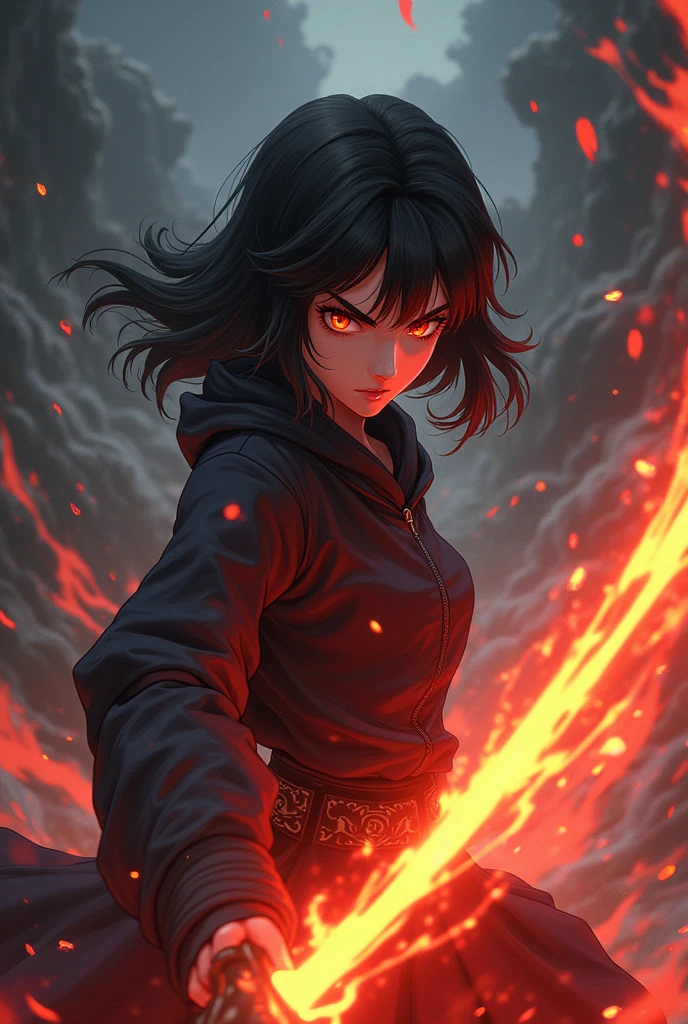 Dark-haired anime character with fire sword