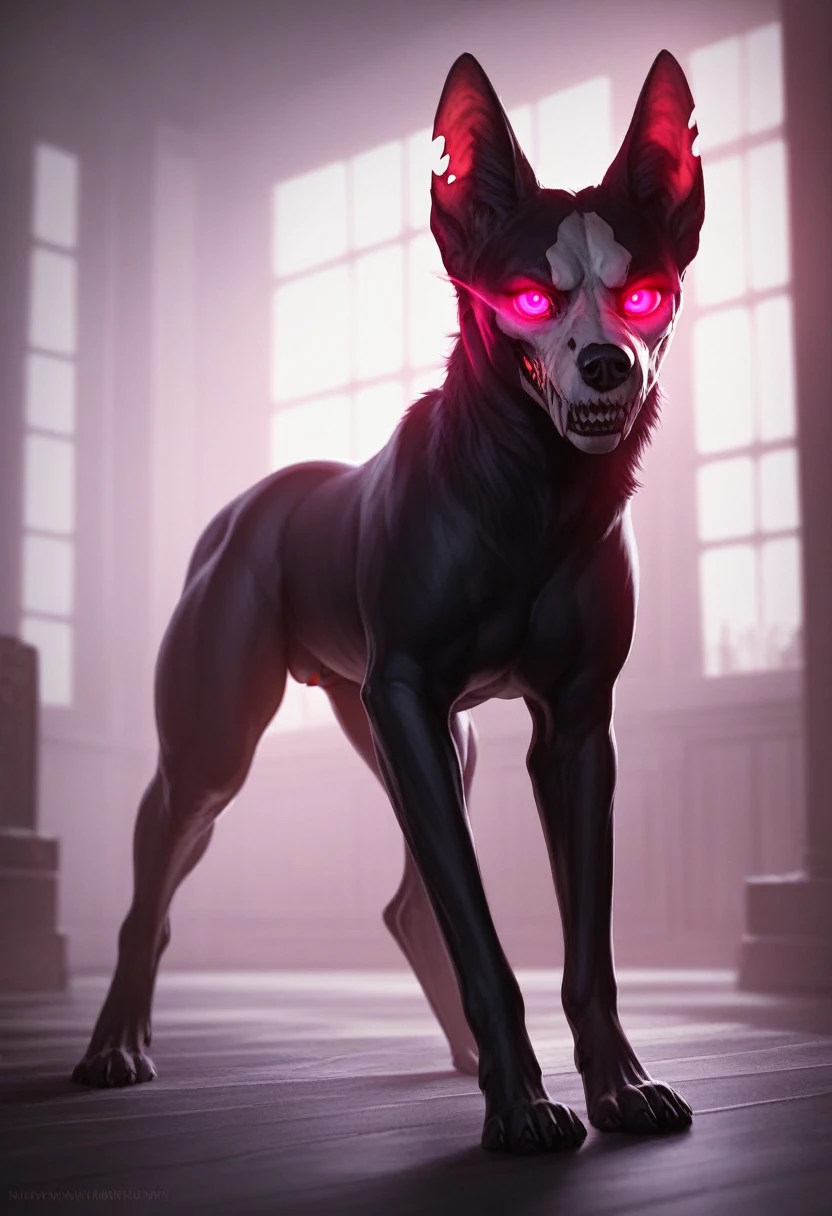 female feral skulldog, full body, naked, seductive pose, pussy, pussy focus, downward dog pose,all fours position, three quarter view from behind,night time, highly detailed, 8k, photorealistic, masterpiece, extremely detailed face, hyperealistic, intricate details, glowing eyes, sharp focus, vibrant colors, dramatic lighting, cinematic composition, moody atmosphere, digital painting, concept art