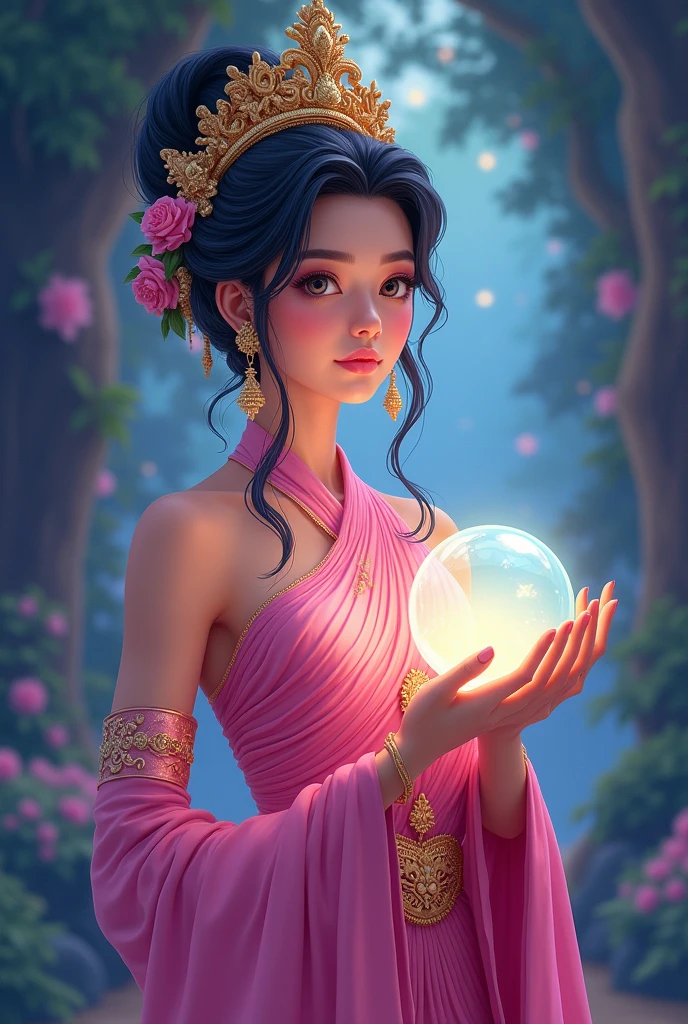 A woman in literature wearing a pink Thai dress, a chada, holding a shining crystal ball, with a serious expression, seen from the whole body, standing like a beauty queen, cartoon.