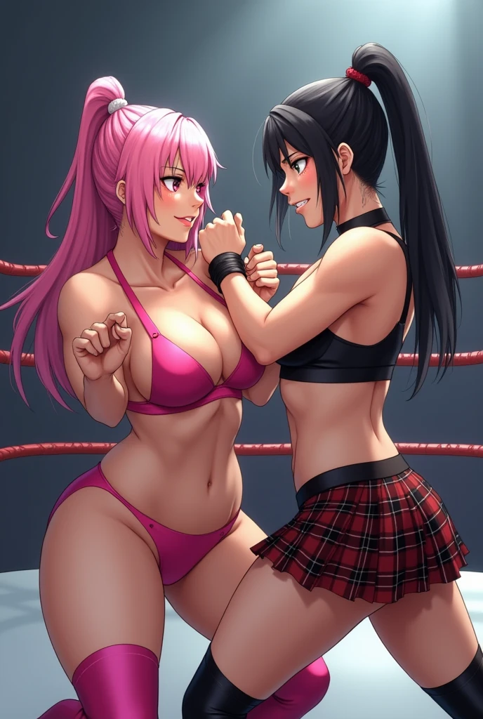 2 female wrestlers,  wrestler 1 shoulder length pink hair,  pink bra, pink tights,  huge breasts.  Wrestler 2, Asian, black ponytail,  black sports bra, plaid skirt. Engaged in combat in a wrestling ring with 3 ropes. 