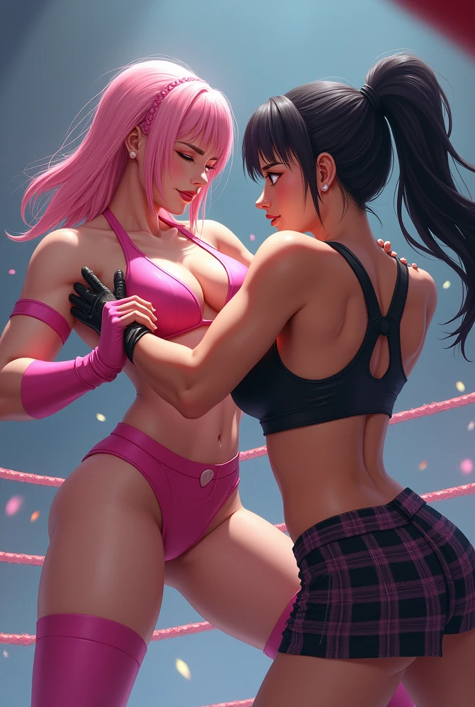 2 female wrestlers,  wrestler 1 shoulder length pink hair,  pink bra, pink tights,  huge breasts.  Wrestler 2, Asian, black ponytail,  black sports bra, plaid skirt. Engaged in combat in a wrestling ring with 3 ropes. 