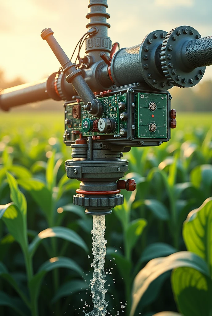 a highly detailed and realistic illustration of a smart irrigation system for precision farming, intricate mechanical components, complex circuitry, advanced sensors, flowing water, lush green crops, farm landscape, warm lighting, cinematic composition, vibrant colors, photorealistic