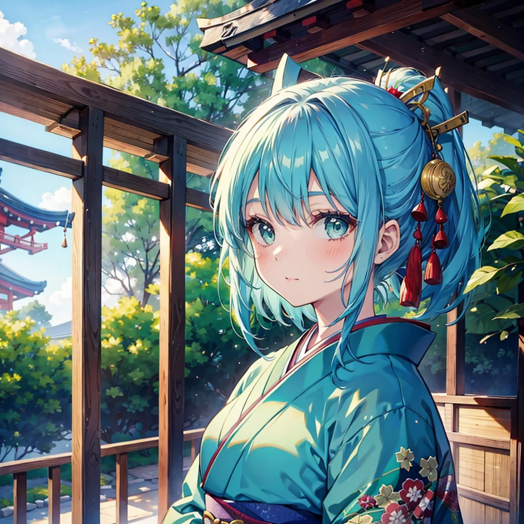 Woman, blue hair, green eyes, edo period kimono, soft smile, front view