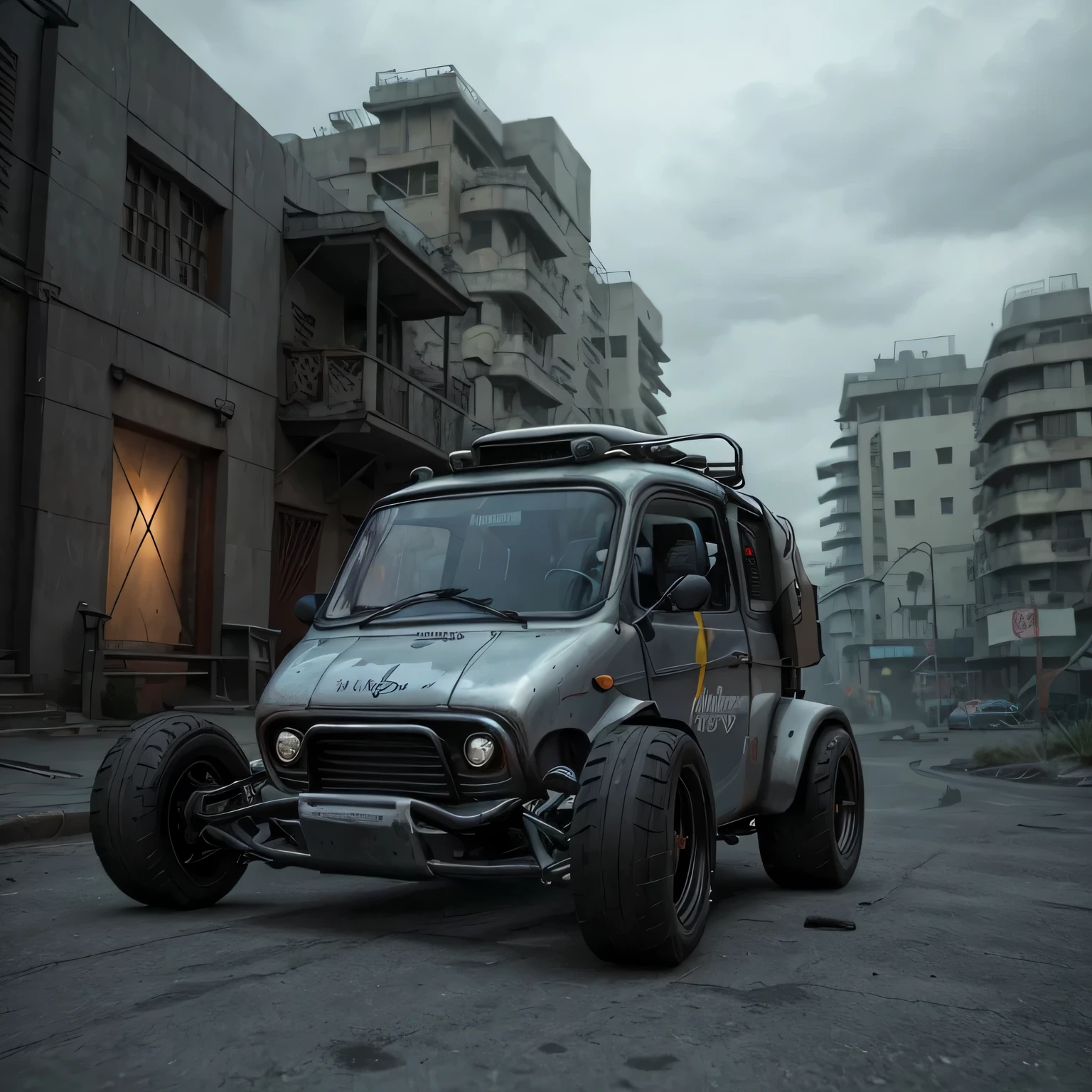 GoPro Shot From One (Cyberpunk tuk-tuk), 3/4 Vista Frontal, Wide-angle action shots, Post-apocalyptic, 屋outside, night, path, destruction,  De-airing, outside, Full moon in the background, Master Parts, Realistic, 8k, Attention to detail, Dark Theme,