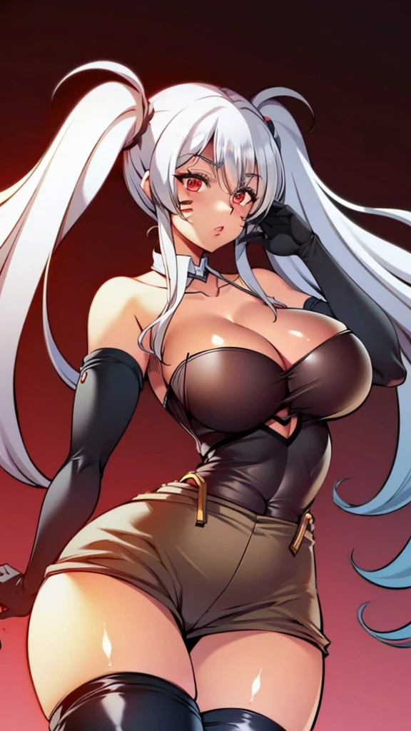 High detailed,kim kwang hyun, 1 girl,AlabamaDef, White hair, large twintails, Red eyes, big breasts, firm curvy body, burgundy shirt, Genetics's uniform, deep cleavage, Juliet sleeves, pencil skirt, black thighhighs, Black gloves