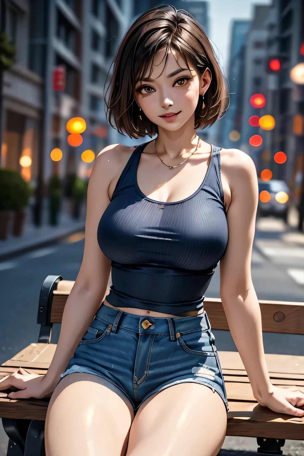 (1 Ultimate Beauty), Very detailedな顔, Beautiful brown eyes, double eyelid, Slightly thick detailed lip, Short black hair, Attractive and sexy, 48 years old, (Tank top, Tight jeans shorts:1.2), Big Breasts, Earrings, (night、Sitting on a bench on a public road), (From head to the hem of the skirt) ,8k, RAW Photos, Highest quality, masterpiece,Highest quality, Perfect lighting, (Realistic:1.4), (Very detailed), (Highest quality), (Best Shadow), (masterpiece), Ultra-high resolution