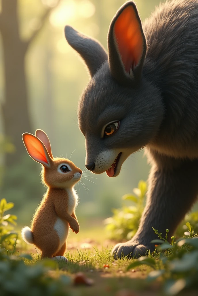 The scene captures the moment of kindness, with the rabbit showing bravery despite its size.