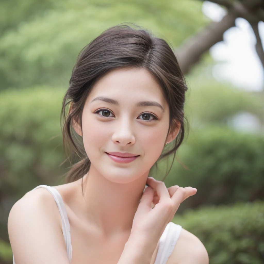 a Close-up portrait of gorgeous smiling cute Japanese woman in a nudity outfit, delicate facial features, porcelain-skinned, ponytail, a fusion of young Marion Cotillard's striking eyes and young Anne Hathaway's introspective gaze, long and slender cute face, Asian winged eyes, wavy nose, full wide lips, flowing very long straight black hair in the air, silhouette, bokeh,