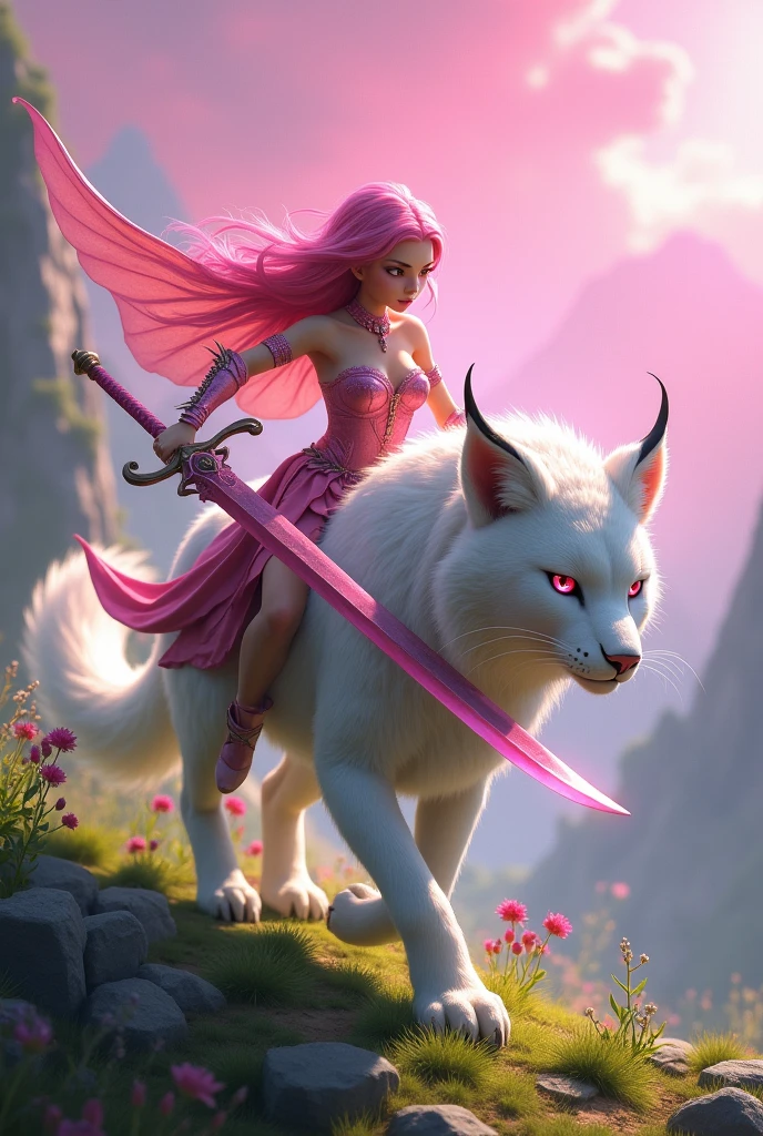 A pink hair edle fairy with a sharp pink sword, riding a white lynx with pink eyes and a sharp nose in a battle field in a valley of its own, with a backdrop of a pink sky with a sharp, defined border. HD, 8K, ultra-realistic, hyper-detailed, hyper-quality, bright lighting, faded. detalied face
