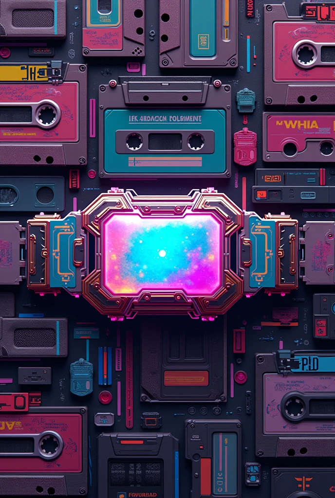 a Kamen Rider-inspired digital art, holographic kamen rider belt, collage of retro cassette tapes, glitched futuristic design, neon lights, sci-fi cyberpunk style, vibrant colors, dynamic composition, intricate details, 8k, high quality, artstation, concept art, digital painting