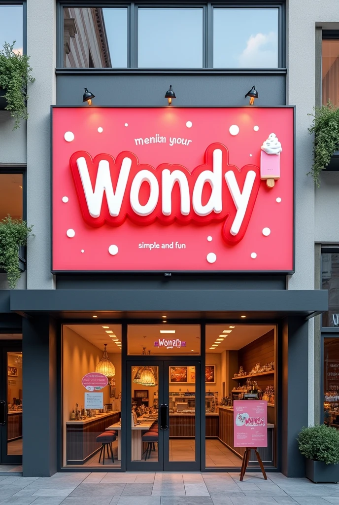 Outdoor advertising with the name WONDY in red and white colors with a modern design, Simple and fun above an ice cream shop
