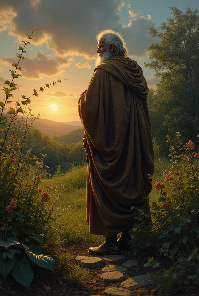 Oil painting, Close-up, Dramatic lighting, Realism. (Best quality, high resolution, Ultra-detailed), (Realistic:1.37), professional, Vivid colors, The wise man stands silently in the garden at dusk, his eyes wide with realization as he spots the snake biting the roots of his plants. The scene is bathed in the soft, fading light of the evening.