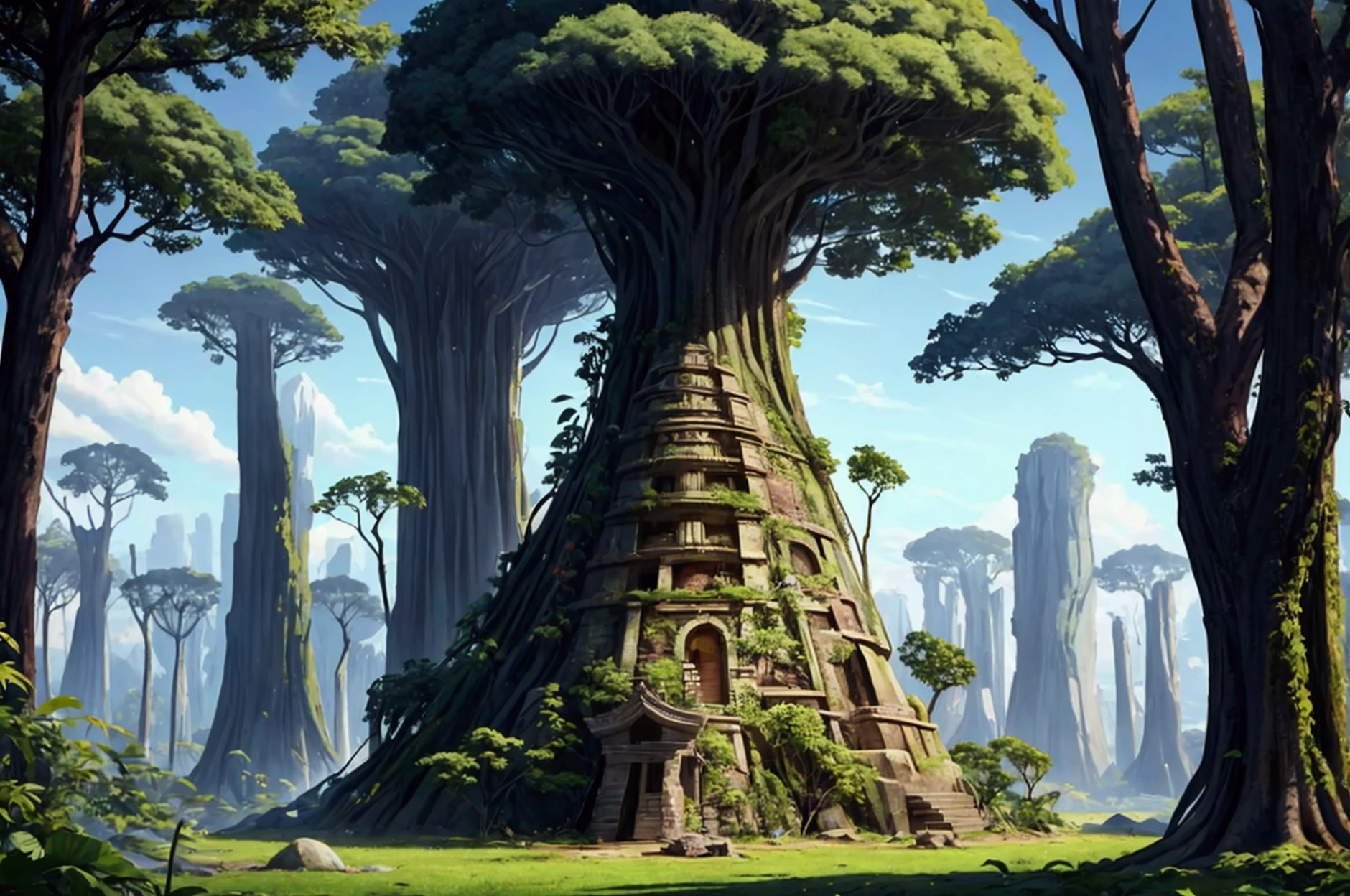 Sudden megalithic civilizations dot the deep jungle
Undiscovered, covered by huge trees, unexpected modern civilization, best image quality