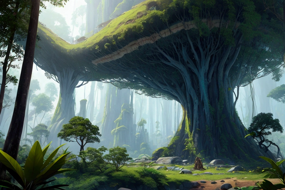 Sudden megalithic civilizations dot the deep jungle
Undiscovered, covered by huge trees, unexpected modern civilization, best image quality