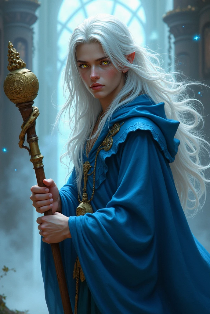 Male wizard in blue robe holding staff, LONG white hair, yellow eyes, age 20 years