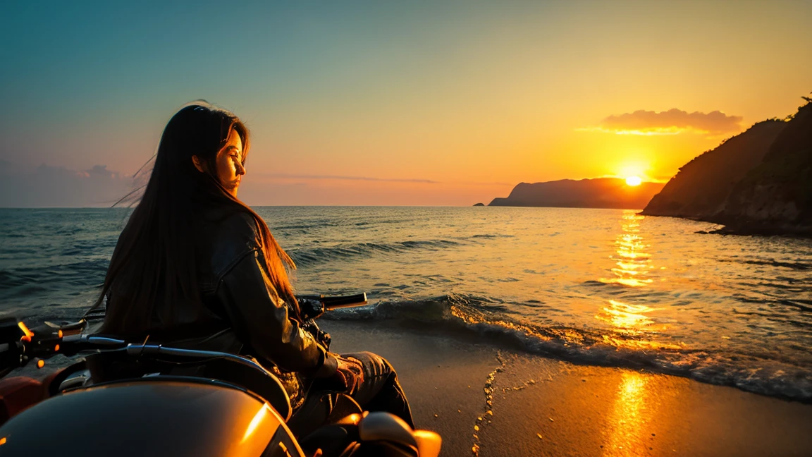Beautiful woman with long hair riding a motorcycle towards the sea、evening、Beautiful sunset、Coastal Road、Photorealistic、4K、