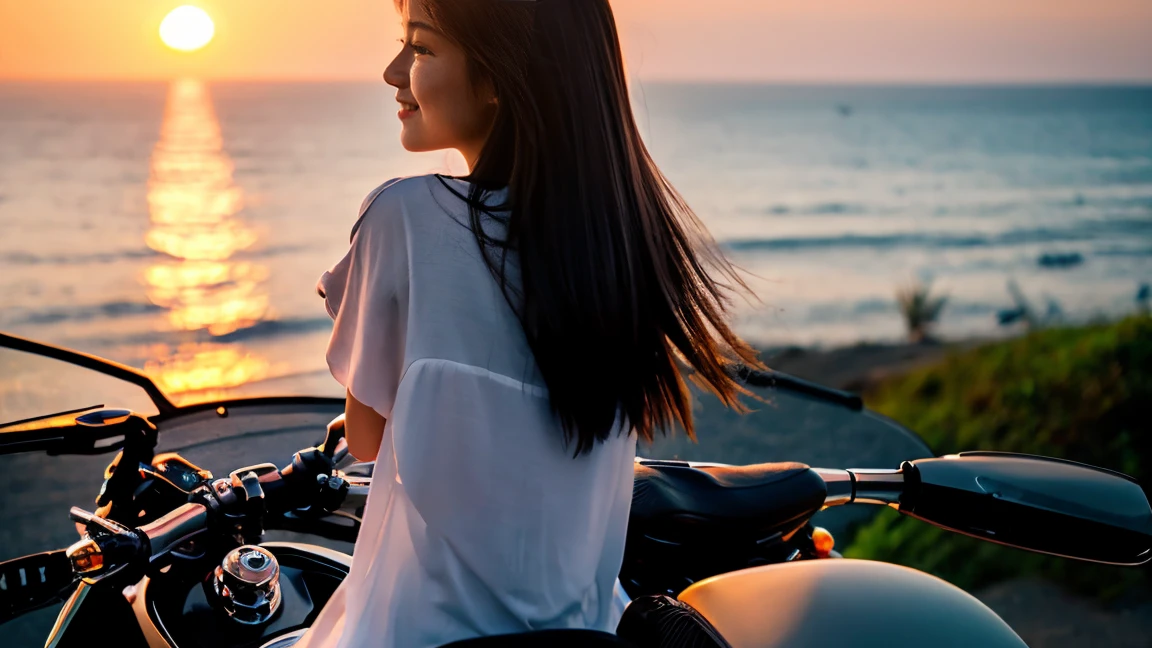 Beautiful woman with long hair riding a motorcycle towards the sea、evening、Beautiful sunset、Coastal Road、Photorealistic、4K、