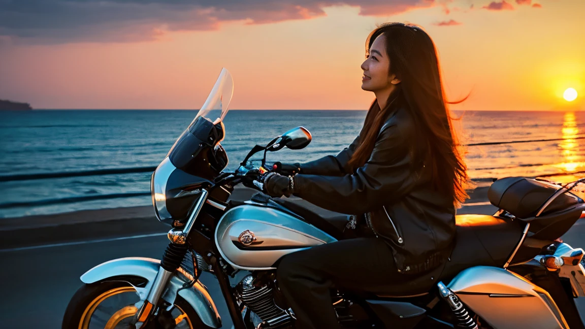 Beautiful woman with long hair riding a motorcycle towards the sea、evening、Beautiful sunset、Coastal Road、Photorealistic、4K、