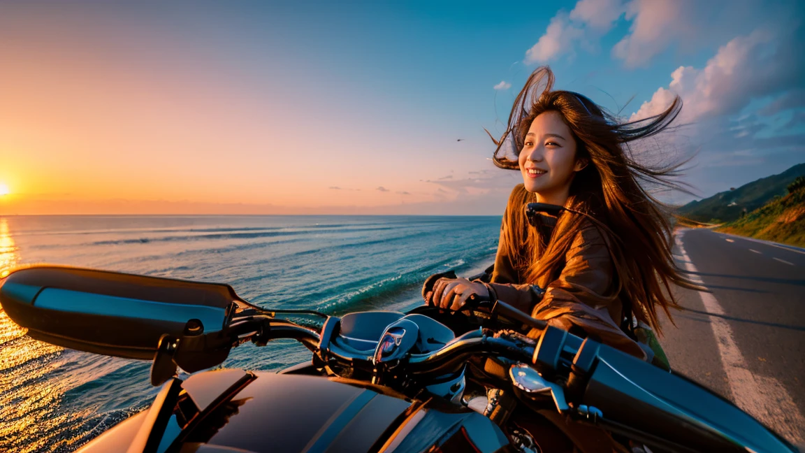 Beautiful woman with long hair riding a motorcycle towards the sea、evening、Beautiful sunset、Coastal Road、Photorealistic、4K、