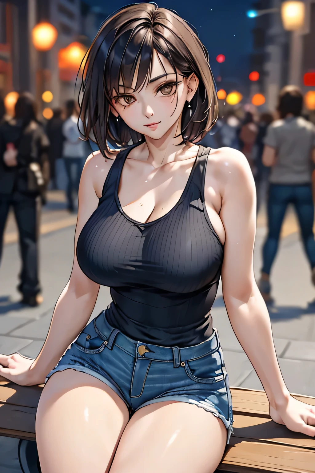 (1 Ultimate Beauty), Very detailedな顔, Beautiful brown eyes, double eyelid, Slightly thick detailed lip, Short black hair, Attractive and sexy, 48 years old, (Tank top, Tight jeans shorts:1.2), Big Breasts, Earrings, (night、Sitting on a bench on a public road), (From head to the hem of the skirt) ,8k, RAW Photos, Highest quality, masterpiece,Highest quality, Perfect lighting, (Realistic:1.4), (Very detailed), (Highest quality), (Best Shadow), (masterpiece), Ultra-high resolution