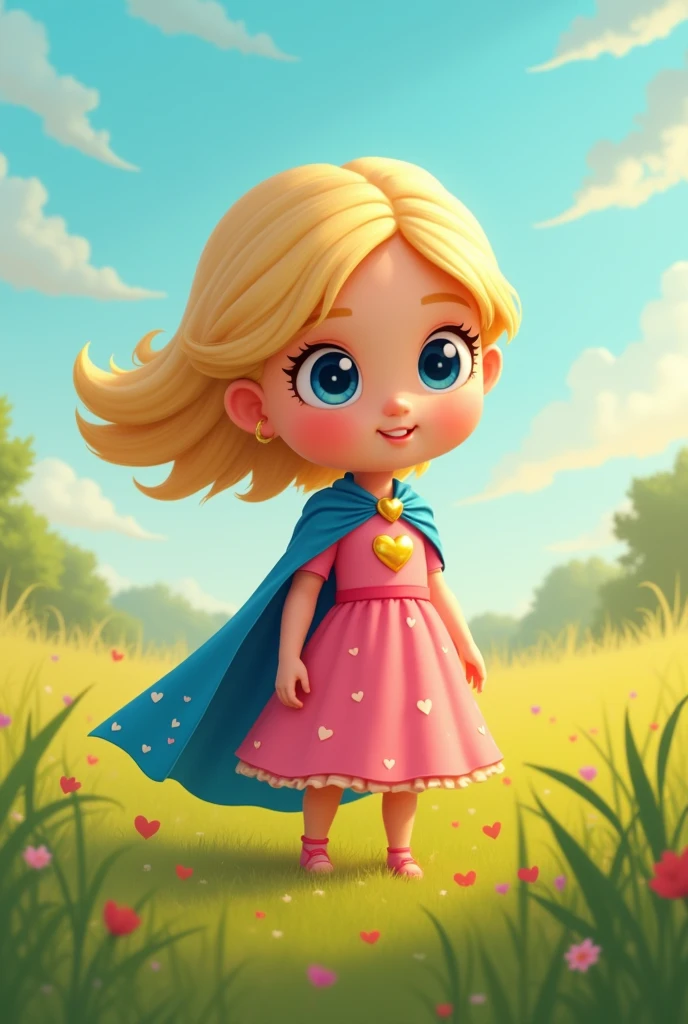 Create me an image of a story for 3 year olds that shows adults arguing in the field and a 12 year old blonde superhero girl with a pink dress and a small golden heart on her chest enters, with a blue cape with little white hearts and they apologize.

