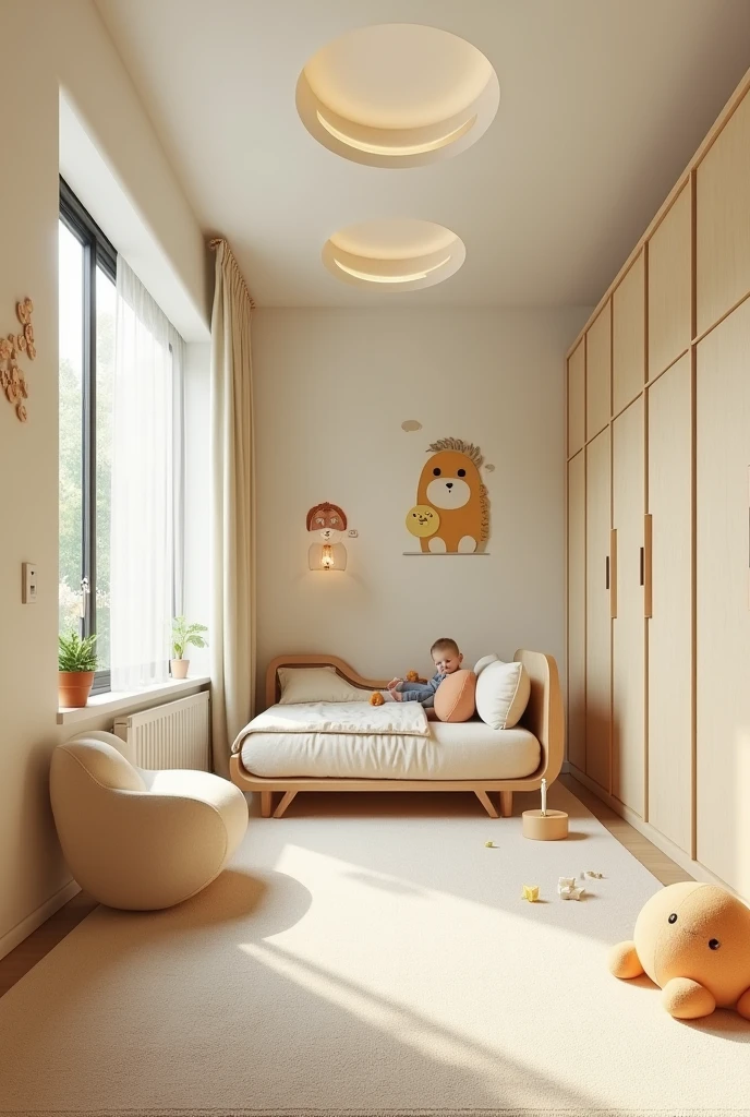 Professional 3d architecture rendering design of modern and light moss and so light Thunder and light cream and light orange wooden Modern and minimal design for chid bedroom and light cream carpet with animals painting and white painting wall and light wooden closet with animals painting and modern ceiling lighting and modern curtains for chid room and the child bed similar globe and safety chair for chid and many toys