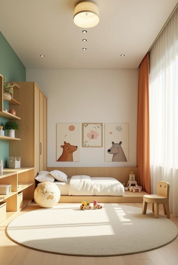 Professional 3d architecture rendering design of modern and light moss and so light Thunder and light cream and light orange wooden Modern and minimal design for chid bedroom and light cream carpet with animals painting and white painting wall and light wooden closet with animals painting and modern ceiling lighting and modern curtains for chid room and the child bed similar globe and safety chair for chid and many toys